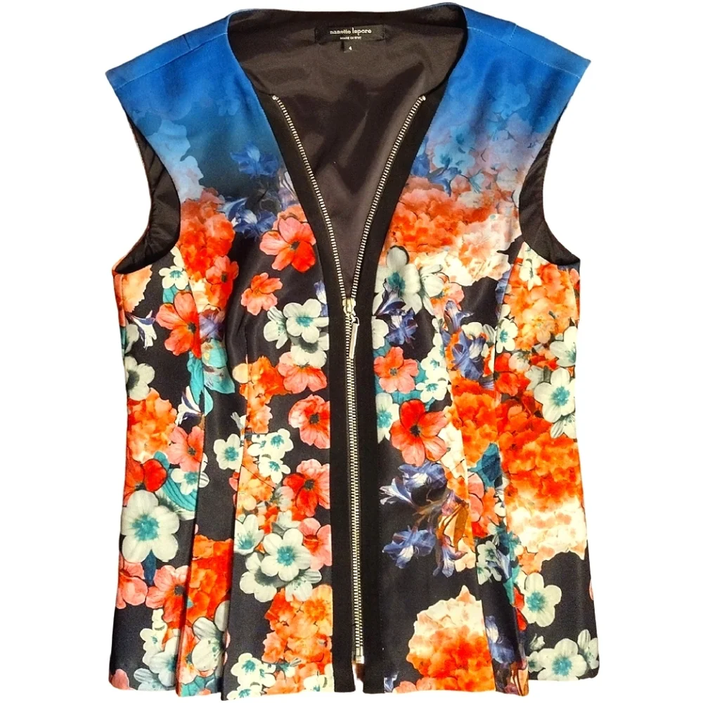 VTG NANETTE LEPORE Floral Print Peplum Zip-Up Vest, Size 4, Multicolored